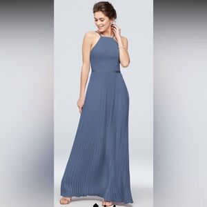 Davids Bridal Bridesmaid Dress Steel Blue Sz 4 Chiffon Halter Neck Pleated Skirt